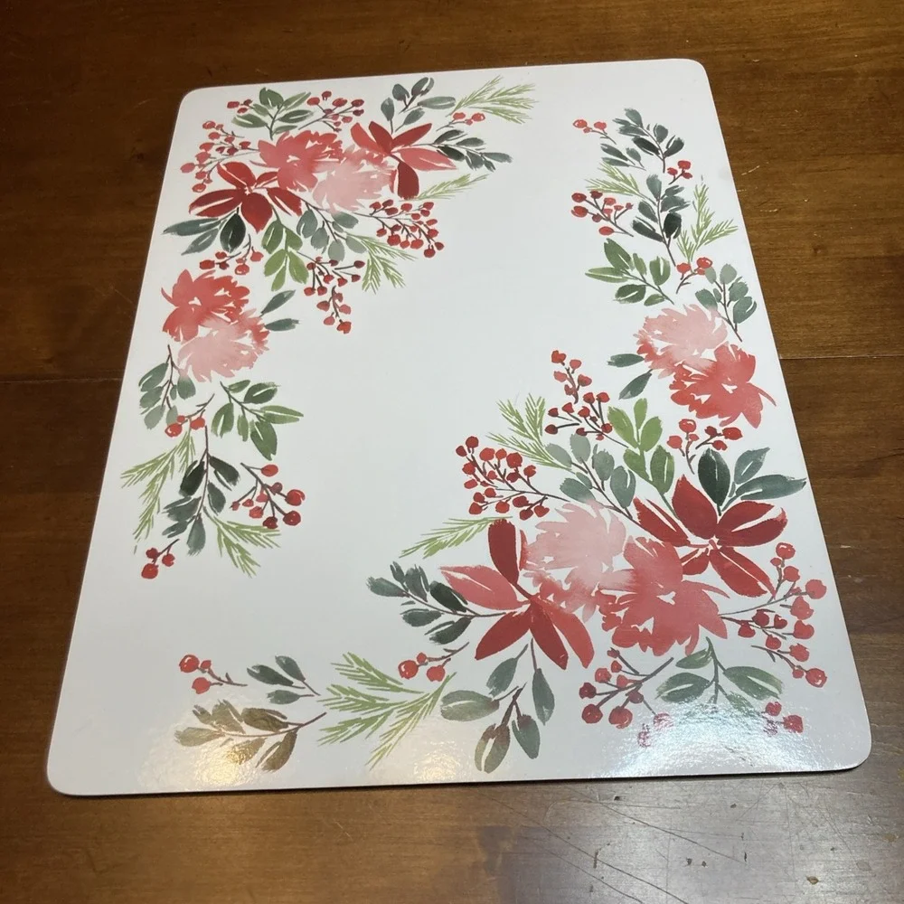 Set Of 4 KAF Holiday Holly Cork Backed Placemats Red Poinsettias Watercolor Look
